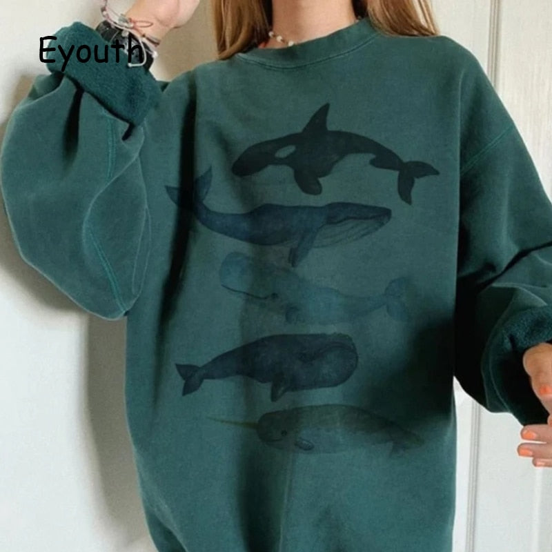 HipHop High Street Women Ocean Animal Whale Hoodies Print Hoodies Sweatshirts Autumn Long Sleeve K Tops Ladies New Harajuku -2