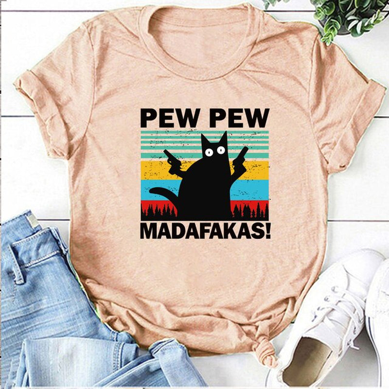 Pew Pew Madafakas Print T-Shirts Women Summer 2020 Graphic Tees Funny Shirts for Woman Tshirts Loose Crew Neck Harajuku Tops