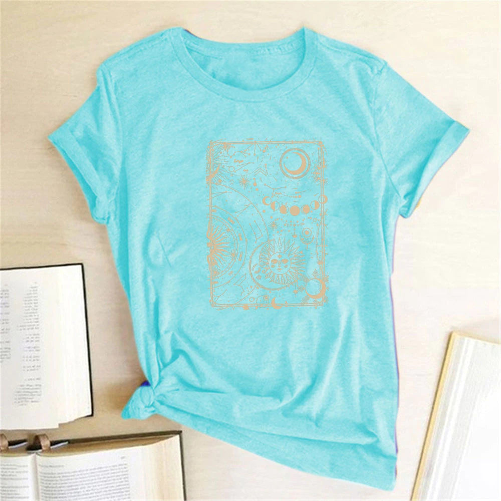Moon and Sun Print Vintage Women T Shirt Aesthetic round Neck Loose Summer Tshirt Casual Graphic Tees Tops Woman Ropa Mujer