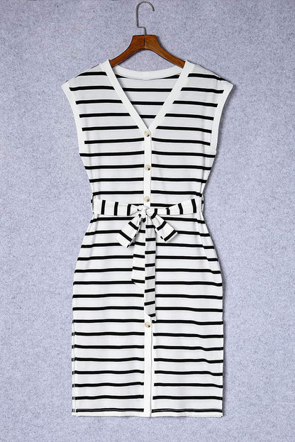 Striped Button Belted Casual V-Neck Midi Dress