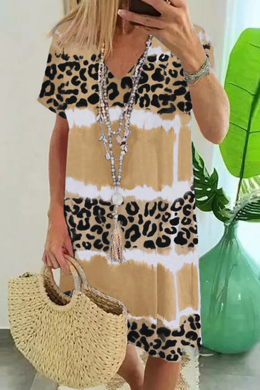 Rose Leopard Tie Dye Color Block V-Neck T-Shirt Dress