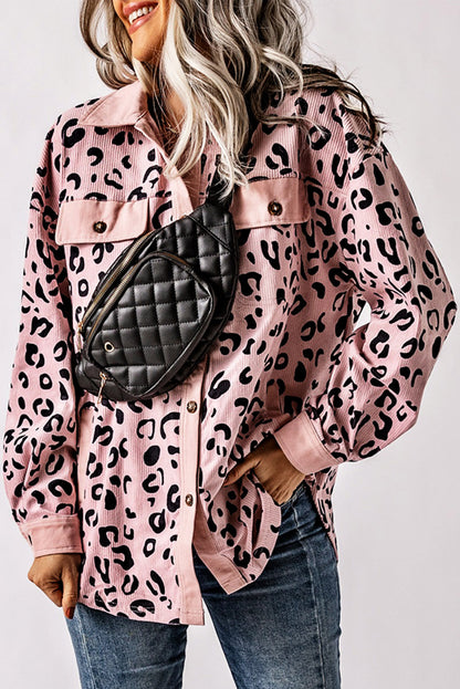 Apricot Leopard Collared Neckline Flap Pockets Corduroy Shacket