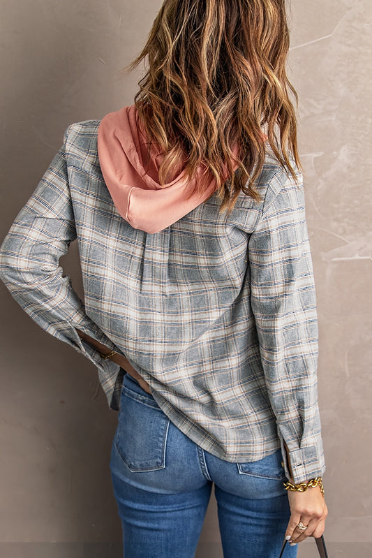 Khaki Drawstring Plaid Hooded Shirt Shacket