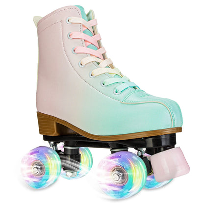 Green Pink Suede Quad Roller Dance Skates with LED Wheels