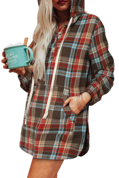 Brown Plaid Split Side Button Hooded Dress