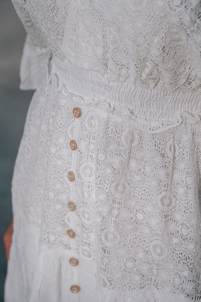White V Neck Flutter Sleeve Short Crochet Lace Dress