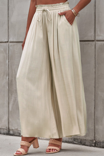 Beige Drawstring Smocked High Waist Wide Leg Pants
