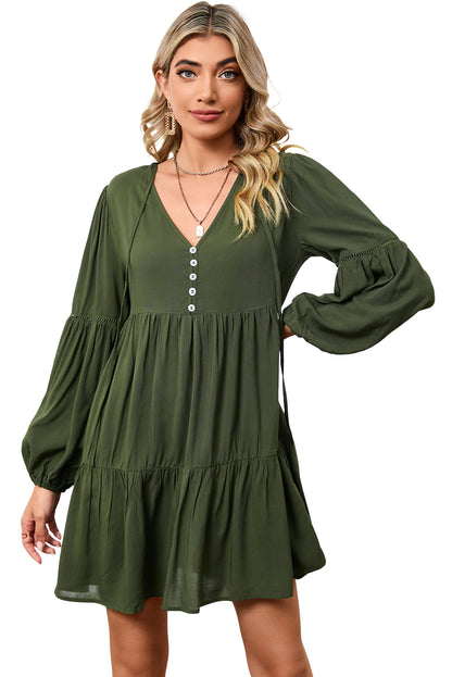 Verdant Bishop Sleeve Tie Front Tiered Pleated Short Dress