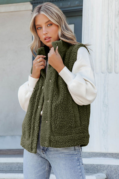 Green Snap Button Collared Stand Neck Sherpa Vest