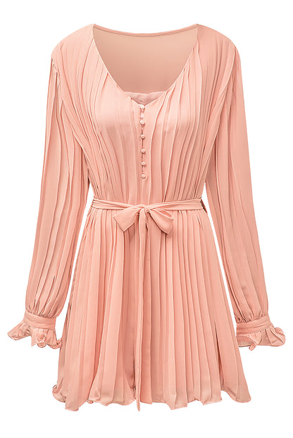 Pink Casual Pleated Ruffle Tie Waist Buttons V Neck Romper