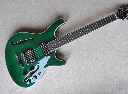 Green Semi-hollow Electric Guitar with Flame Maple Veneer