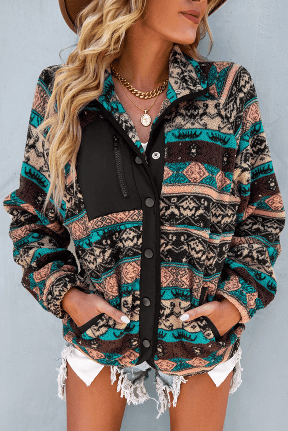 Pink Geometric Colorblock Snap Button Sherpa Jacket