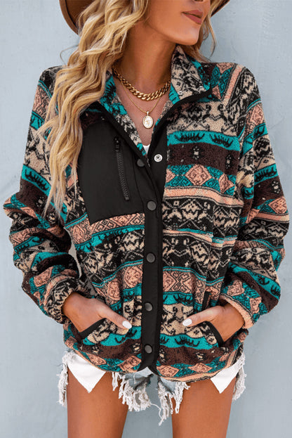 Pink Geometric Colorblock Snap Button Sherpa Jacket
