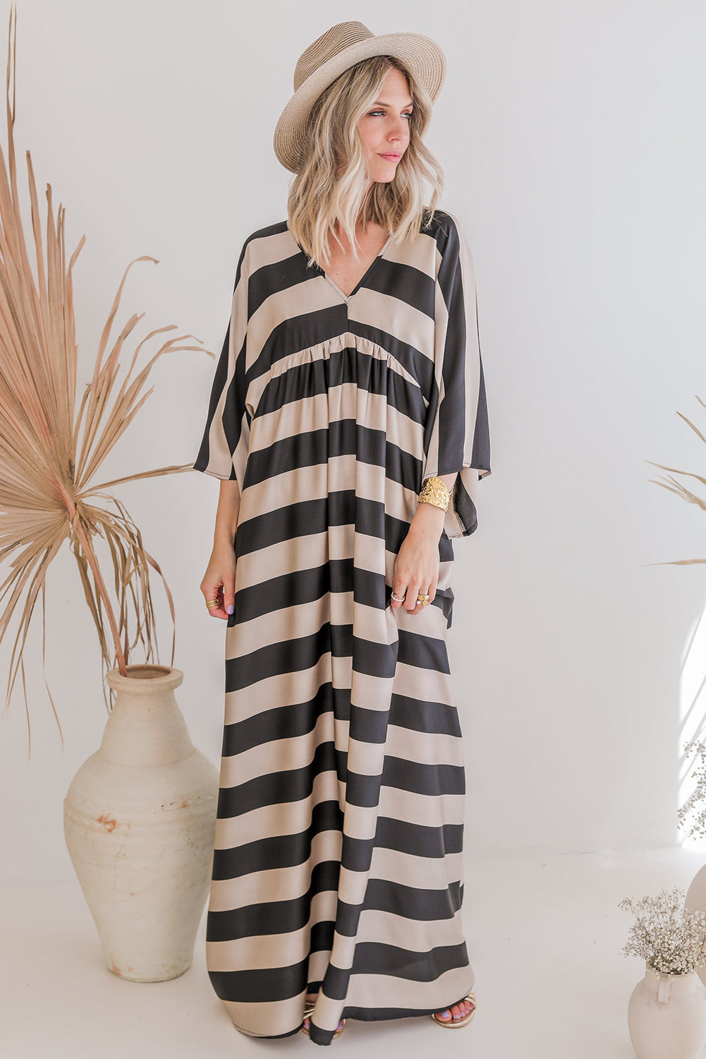 Black Striped Colorblock Flounce Sleeve Floor Length Dress