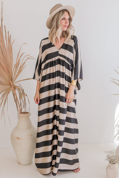 Black Striped Colorblock Flounce Sleeve Floor Length Dress