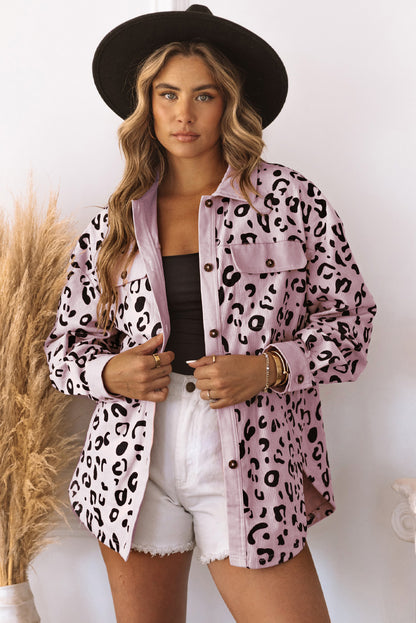 Apricot Leopard Collared Neckline Flap Pockets Corduroy Shacket