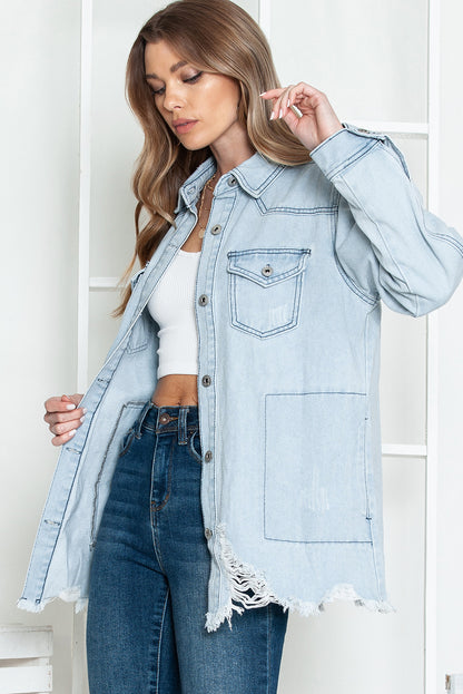 Light Blue Flap Pocket Buttoned Raw Hem Denim Shacket