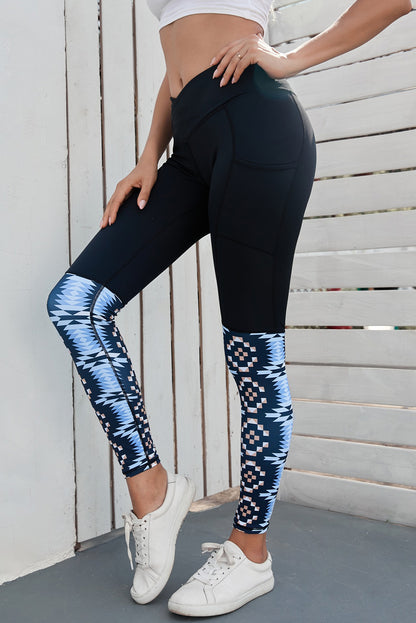 Black Yoga Crossover Geometric Print Patchwork High Waisted Leggings