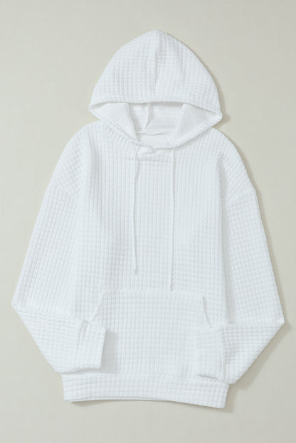 Khaki Lattice Textured Kangaroo Pocket Drawstring Hoodie