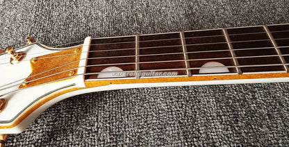 White Falcon Semi Hollow Body Jazz Electric Guitar Gold Sparkle Binding Bigs Tremolo Bridge Grover Imperial Tuners Gold Hardware