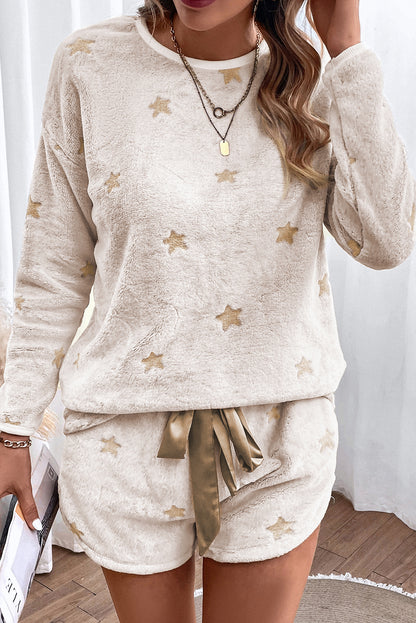 White Star Print Long Sleeve Top & Shorts Loungewear Set