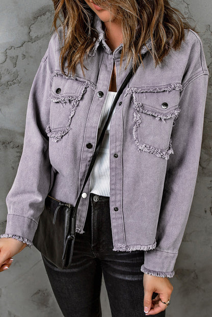 Green Distressed Flap Pockets Frayed Hem Denim Jacket