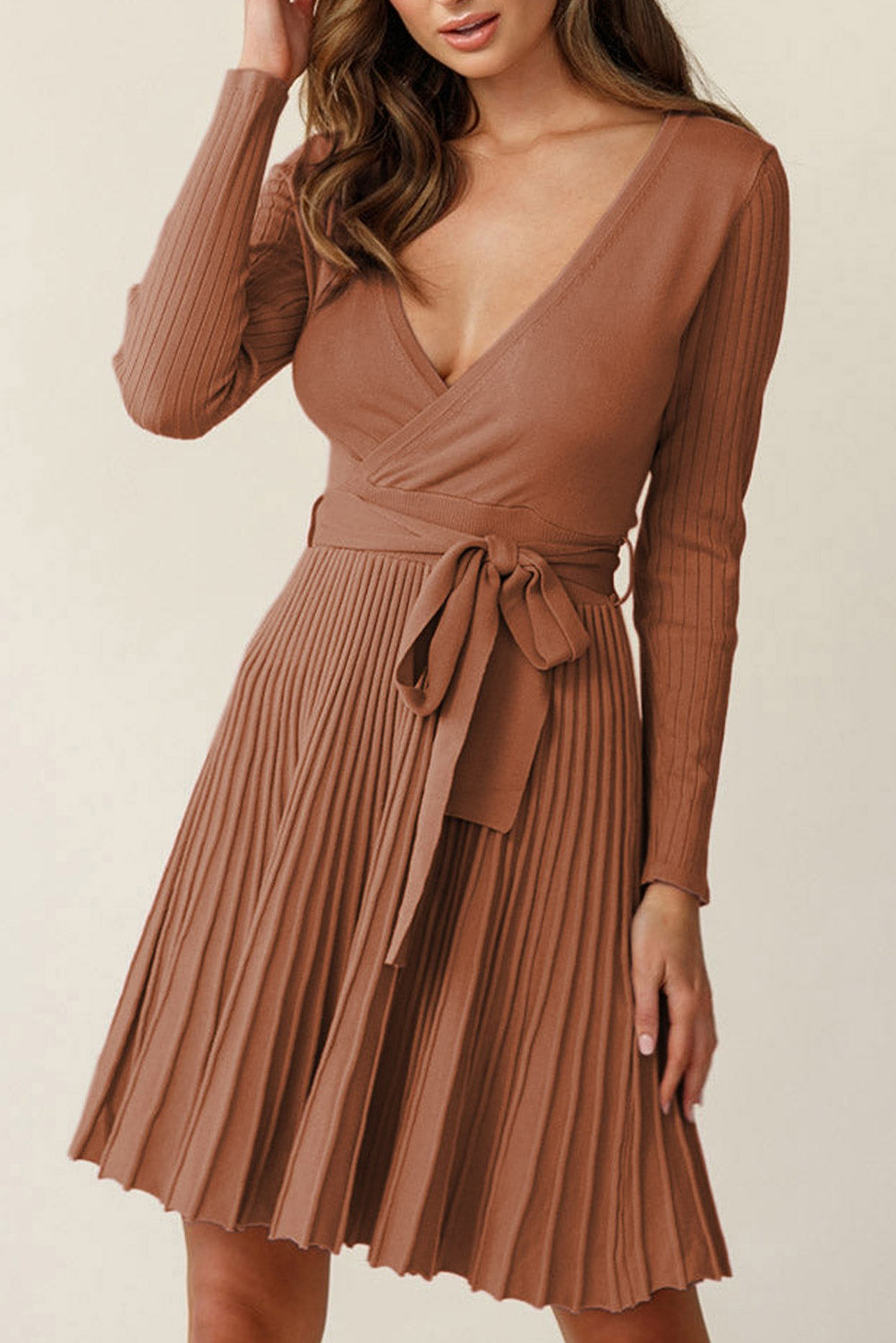 Brown Belted Wrap V Neck Ribbed Pleated Sweater Dress