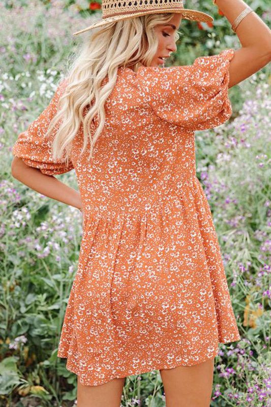 Orange Floral Boho Bishop Sleeve Short Dress