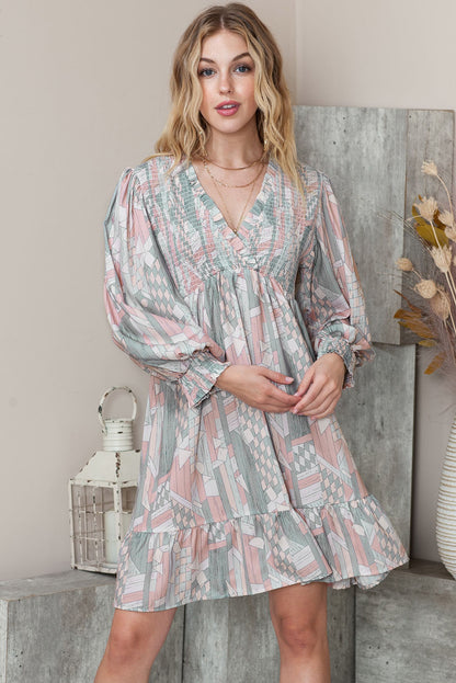 Multicolor Abstract Print Bishop Sleeve Smocked V Neck Dress