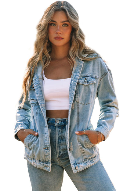 Light Blue Button Up Ripped Hooded Denim Jacket