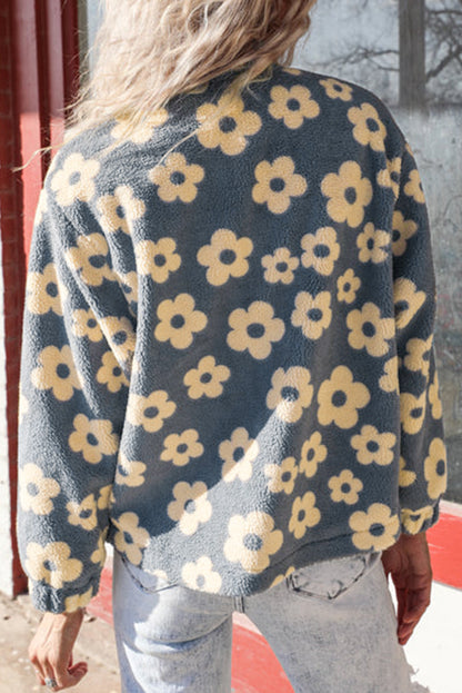 Dark Grey Flower Zip-Up Sherpa Jacket
