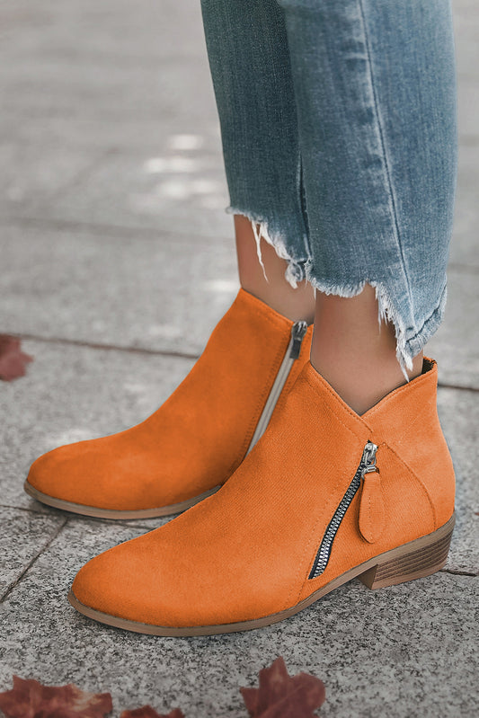 Orange Suede Pointed Toe Side Zipper Booties
