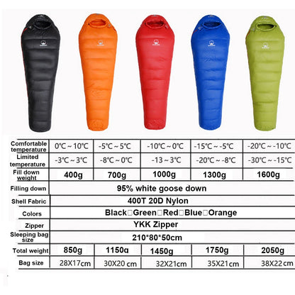 White Goose Down Filled Adult Mummy Style Sleeping Bag Fit for Winter