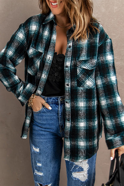 Black Button Up Collared Plaid Shacket