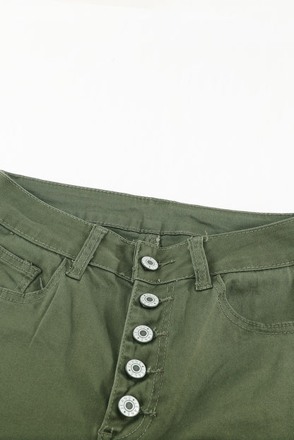White Plain Buttons Frayed Raw Hem High Waist Denim Jeans