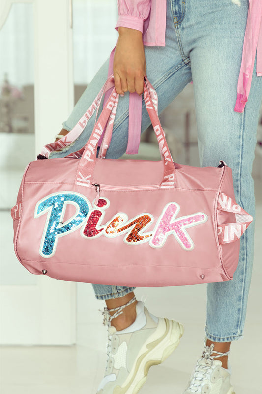 Pink 50*25*25cm Sequin Letter Sporty Luggage Bag