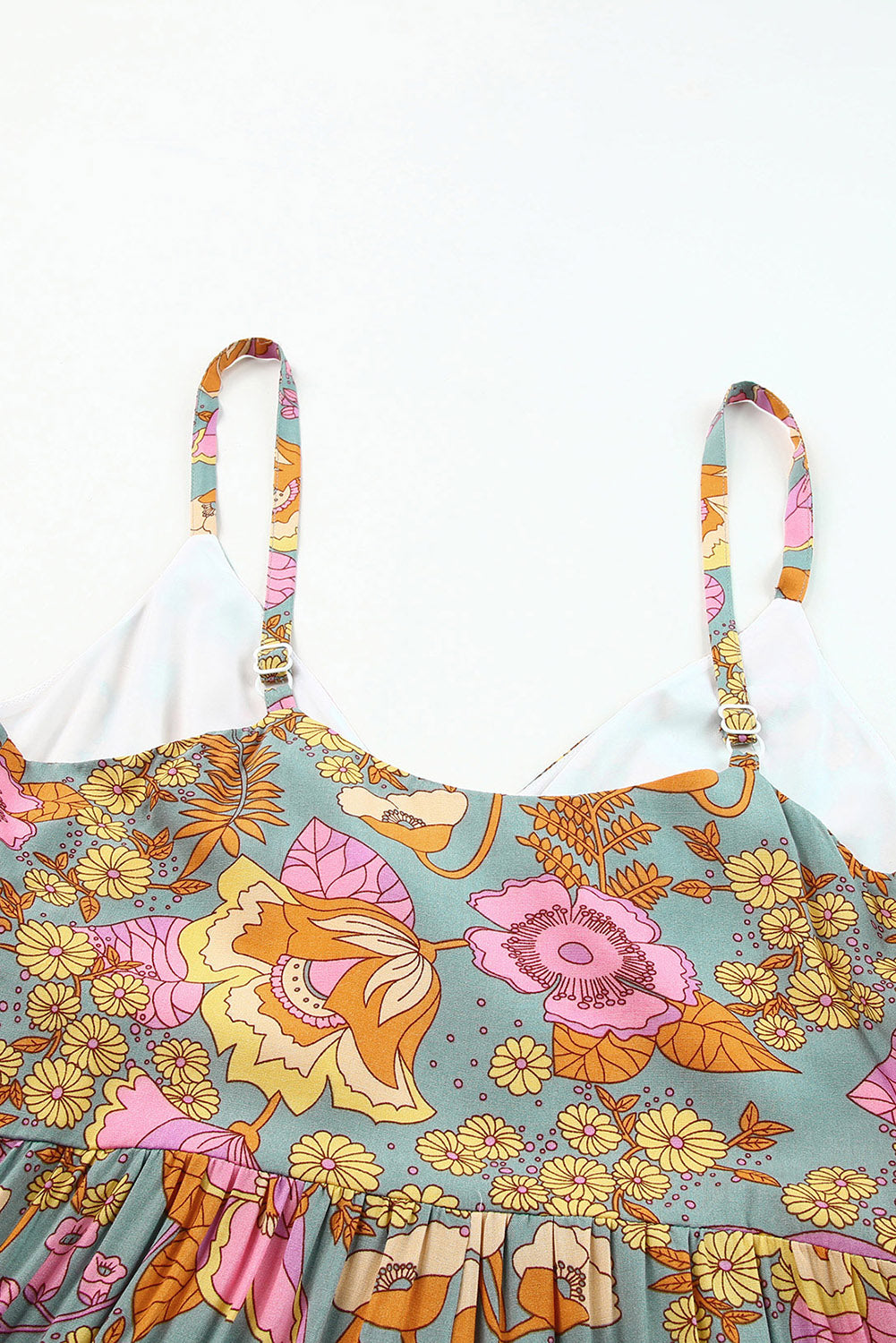 Sky Blue Floral Adjustable Straps Tiered Wide Leg Jumpsuit