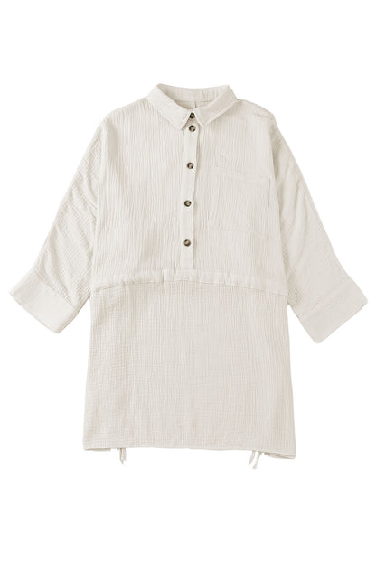 Beige Cotton Solid Color Buttoned Closure Long Sleeve Casual Dress