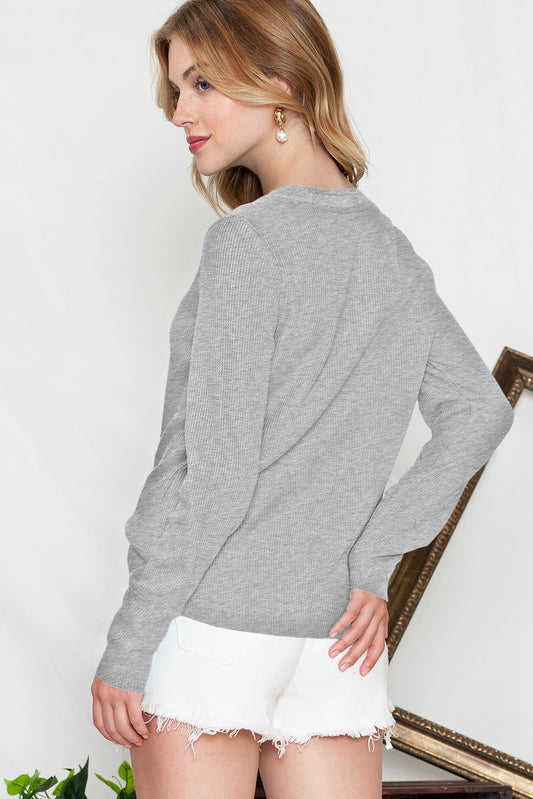 Gray Solid Color Waffle Knit Long Sleeve Henley Shirt