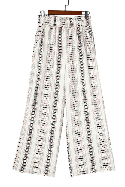 Beige Geometric Print Casual Shirred Wide Leg Pants