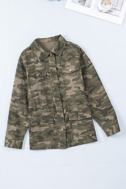 Green Camo Print Pockets Button Up Jacket