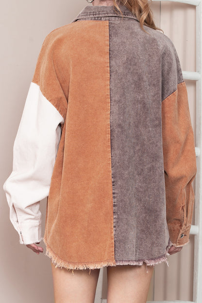 Khaki Color Block Raw Hem Button Up Corduroy Shacket