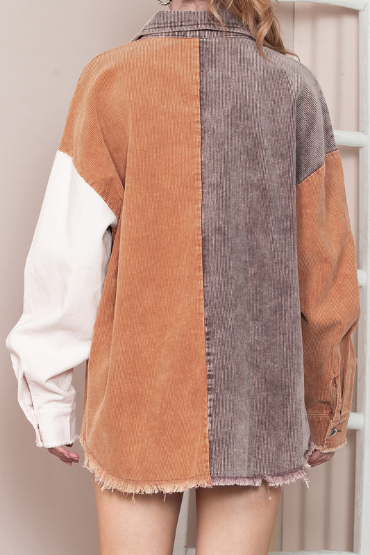 Khaki Color Block Raw Hem Button Up Corduroy Shacket