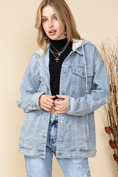 Light Blue Button Up Ripped Hooded Denim Jacket