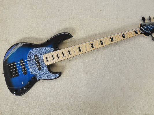 Blue 5 Strings Electric Bass Guitar with Maple Fretboard,Gray Pearl Pickguard