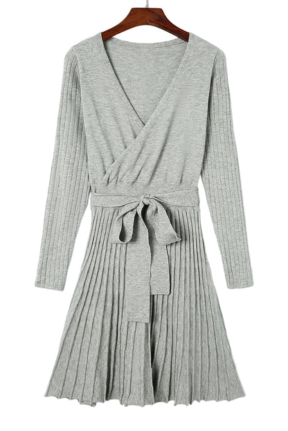 Brown Belted Wrap V Neck Ribbed Pleated Sweater Dress