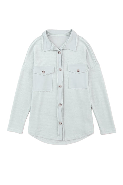 Black Plain Textured Button Up Shirt Shacket with Flap Pockets