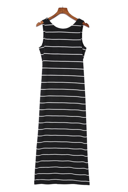 Brown Striped Backless Casual Side Slits Maxi Dress