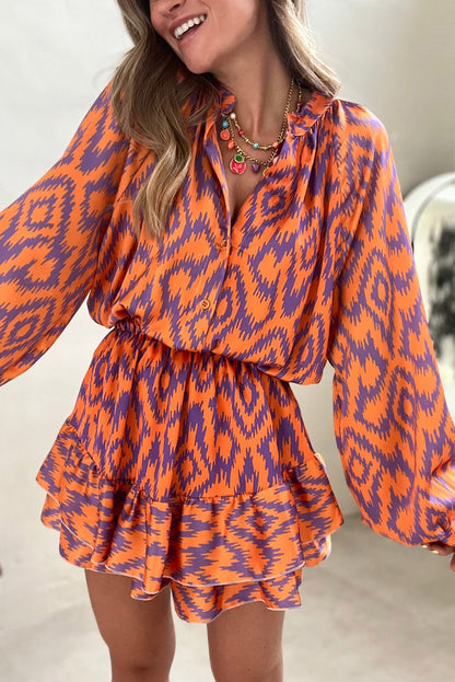 Orange Geometric Bubble Sleeve High Waist Romper