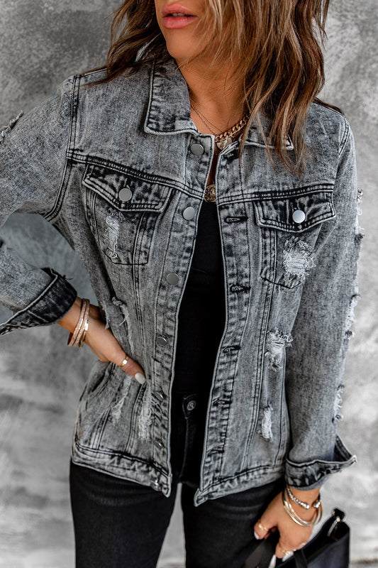 Grey Distressed Buttons Washed Denim Jacket